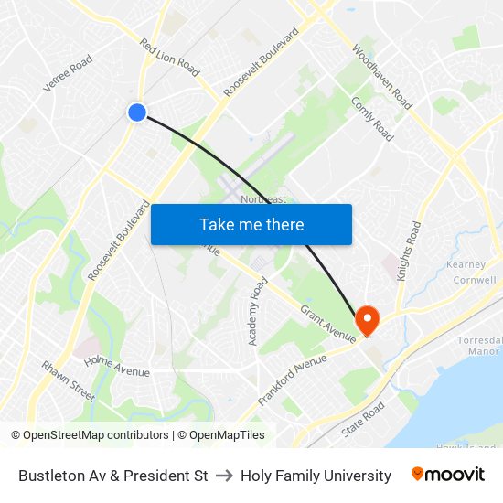 Bustleton Av & President St to Holy Family University map