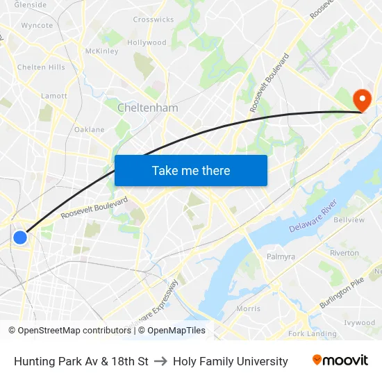 Hunting Park Av & 18th St to Holy Family University map