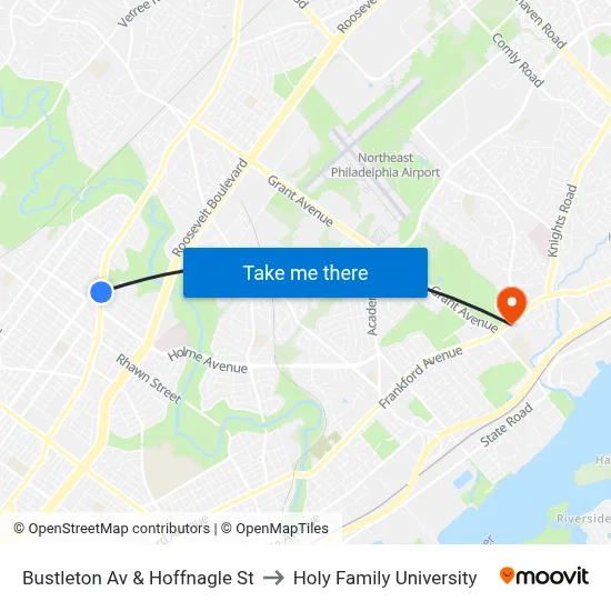 Bustleton Av & Hoffnagle St to Holy Family University map