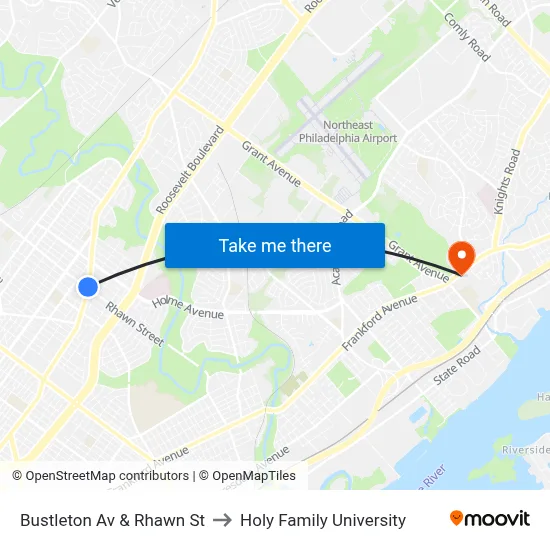 Bustleton Av & Rhawn St to Holy Family University map