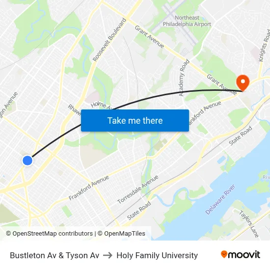 Bustleton Av & Tyson Av to Holy Family University map