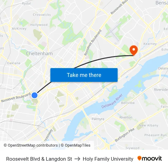 Roosevelt Blvd & Langdon St to Holy Family University map