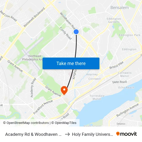 Academy Rd & Woodhaven Rd to Holy Family University map