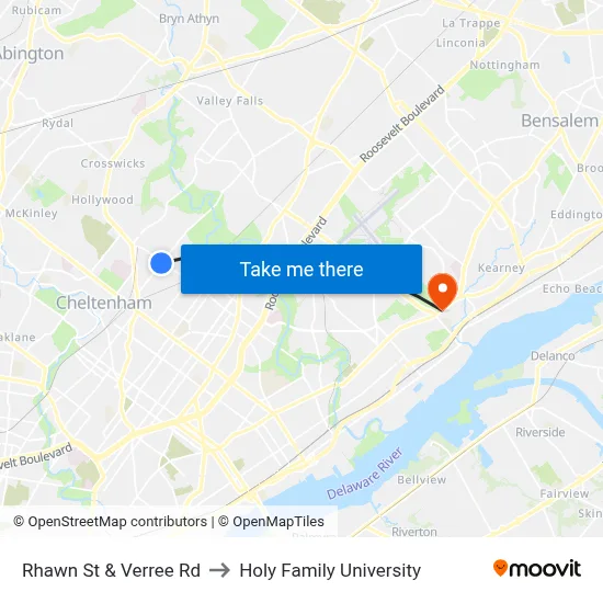 Rhawn St & Verree Rd to Holy Family University map