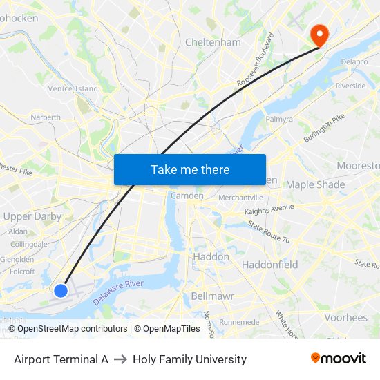 Airport Terminal A to Holy Family University map