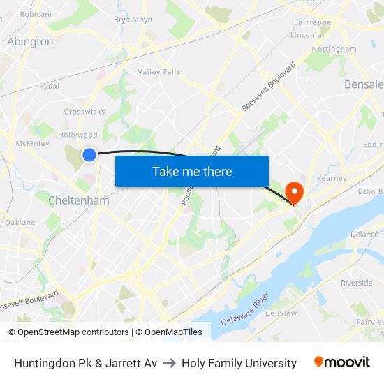 Huntingdon Pk & Jarrett Av to Holy Family University map