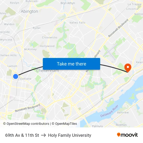 69th Av & 11th St to Holy Family University map