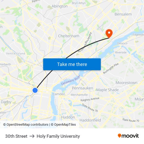 30th Street to Holy Family University map