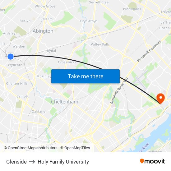 Glenside to Holy Family University map