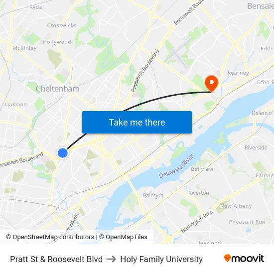 Pratt St & Roosevelt Blvd to Holy Family University map