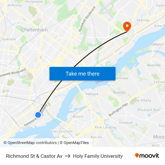 Richmond St & Castor Av to Holy Family University map