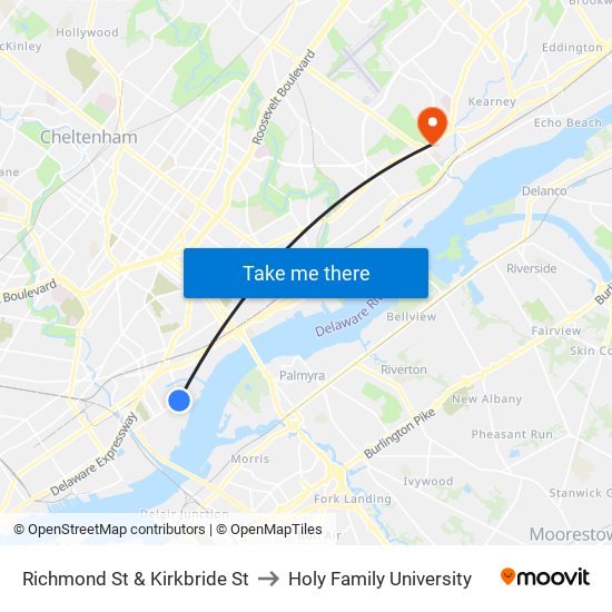 Richmond St & Kirkbride St to Holy Family University map