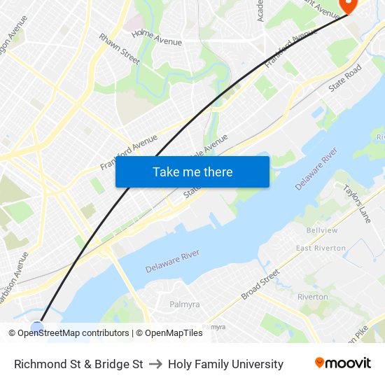 Richmond St & Bridge St to Holy Family University map