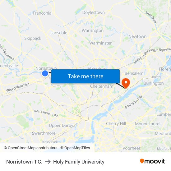 Norristown T.C. to Holy Family University map