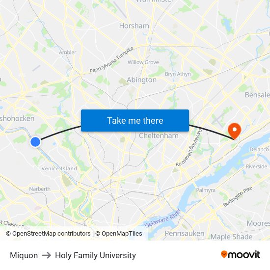 Miquon to Holy Family University map