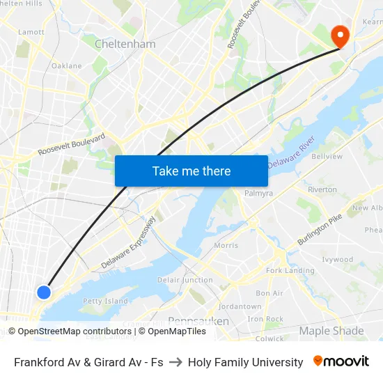 Frankford Av & Girard Av - Fs to Holy Family University map