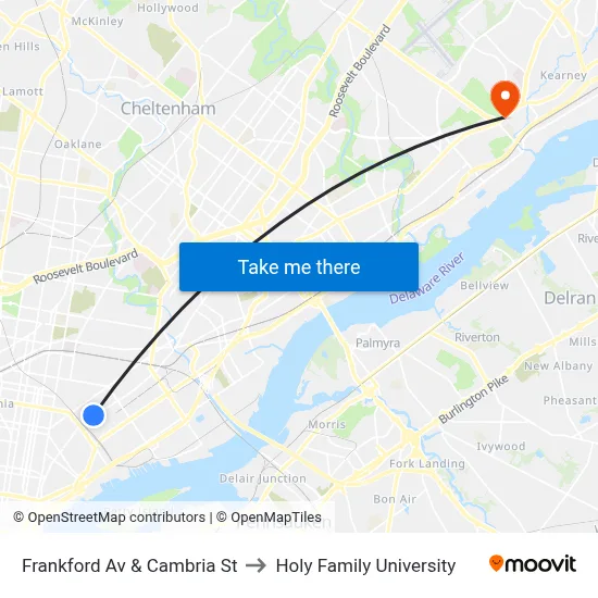 Frankford Av & Cambria St to Holy Family University map