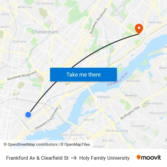 Frankford Av & Clearfield St to Holy Family University map