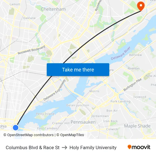 Columbus Blvd & Race St to Holy Family University map