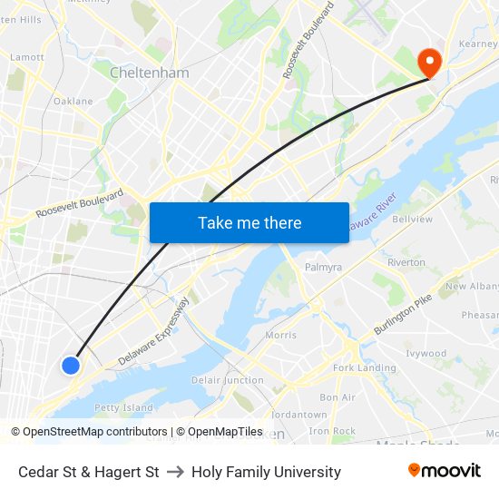 Cedar St & Hagert St to Holy Family University map