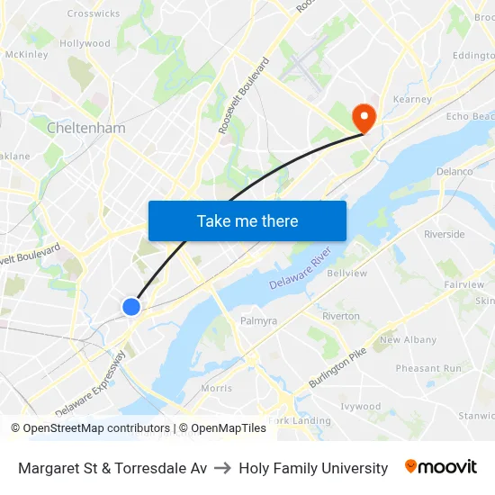Margaret St & Torresdale Av to Holy Family University map
