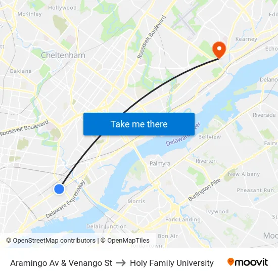 Aramingo Av & Venango St to Holy Family University map