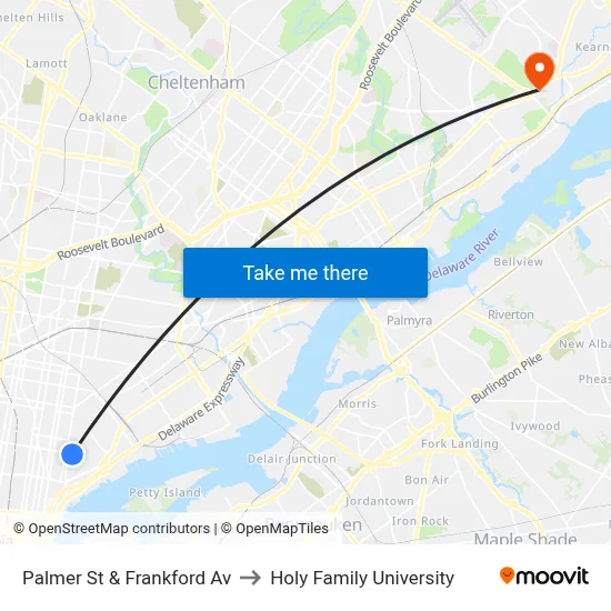 Palmer St & Frankford Av to Holy Family University map