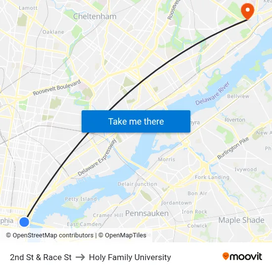 2nd St & Race St to Holy Family University map
