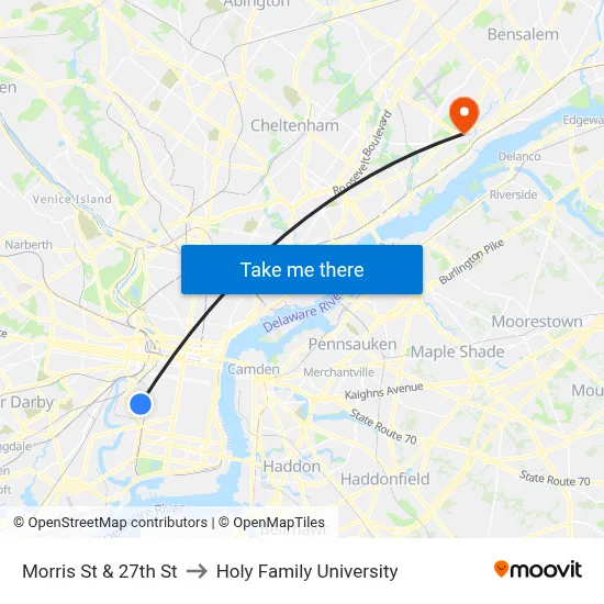 Morris St & 27th St to Holy Family University map
