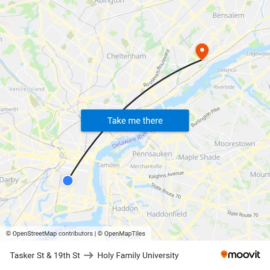 Tasker St & 19th St to Holy Family University map