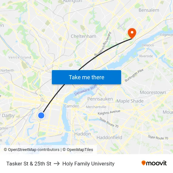 Tasker St & 25th St to Holy Family University map
