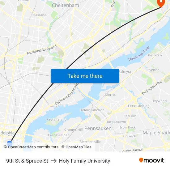 9th St & Spruce St to Holy Family University map