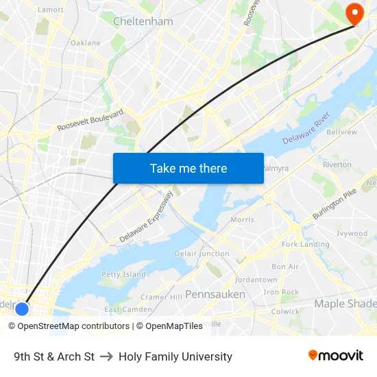 9th St & Arch St to Holy Family University map