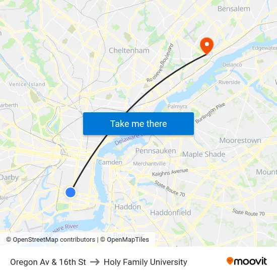 Oregon Av & 16th St to Holy Family University map