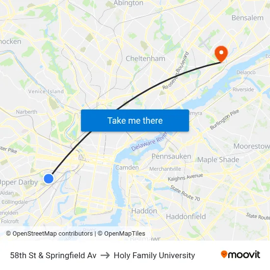 58th St & Springfield Av to Holy Family University map