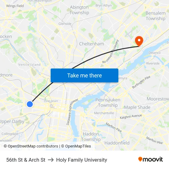 56th St & Arch St to Holy Family University map