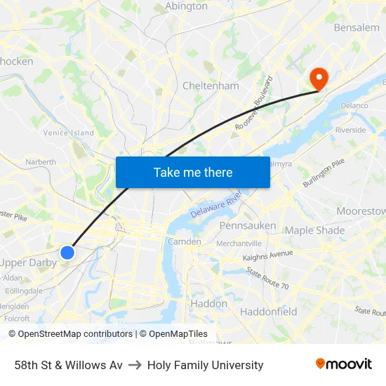 58th St & Willows Av to Holy Family University map