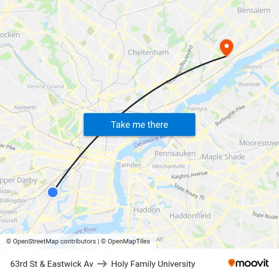 63rd St & Eastwick Av to Holy Family University map