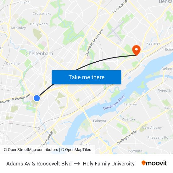 Adams Av & Roosevelt Blvd to Holy Family University map