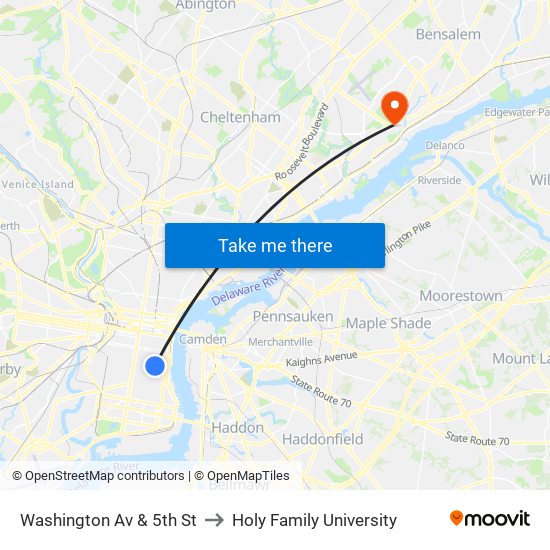 Washington Av & 5th St to Holy Family University map