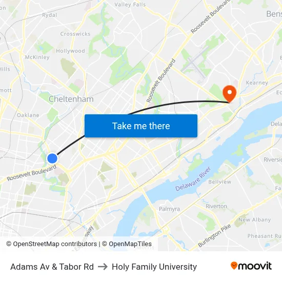 Adams Av & Tabor Rd to Holy Family University map