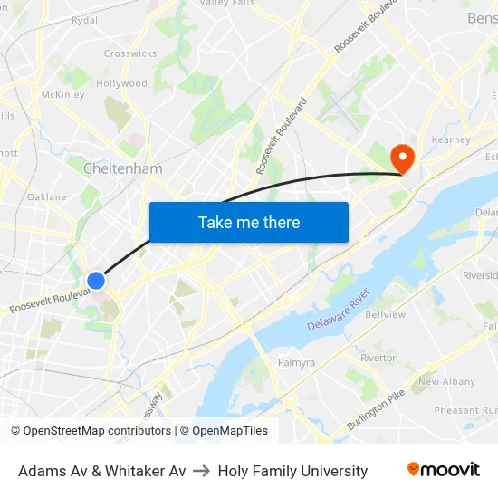 Adams Av & Whitaker Av to Holy Family University map