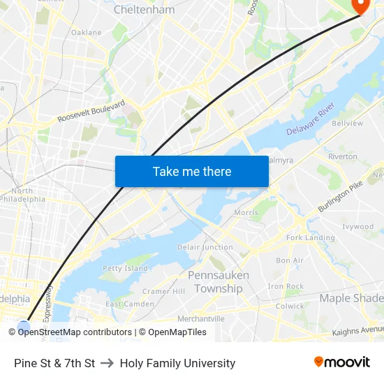 Pine St & 7th St to Holy Family University map