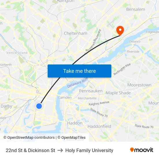 22nd St & Dickinson St to Holy Family University map