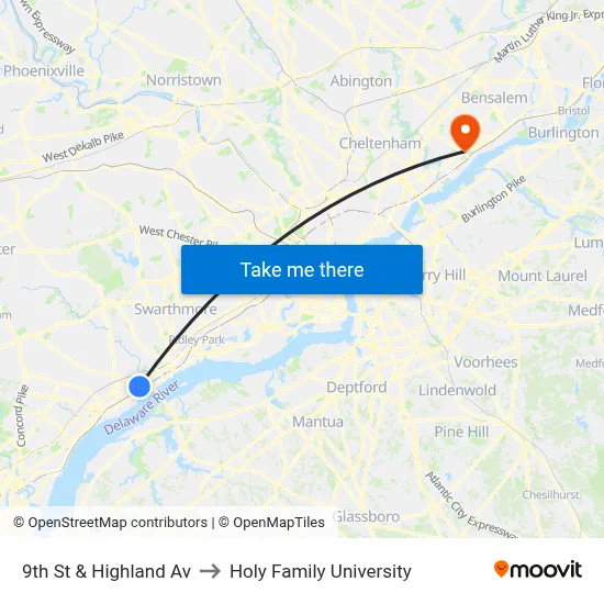 9th St & Highland Av to Holy Family University map