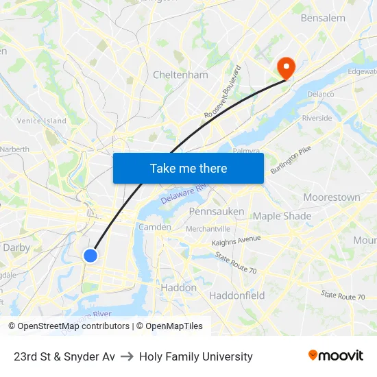 23rd St & Snyder Av to Holy Family University map