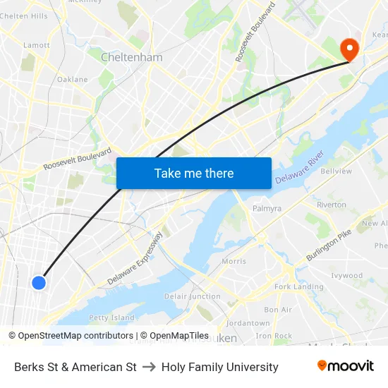 Berks St & American St to Holy Family University map