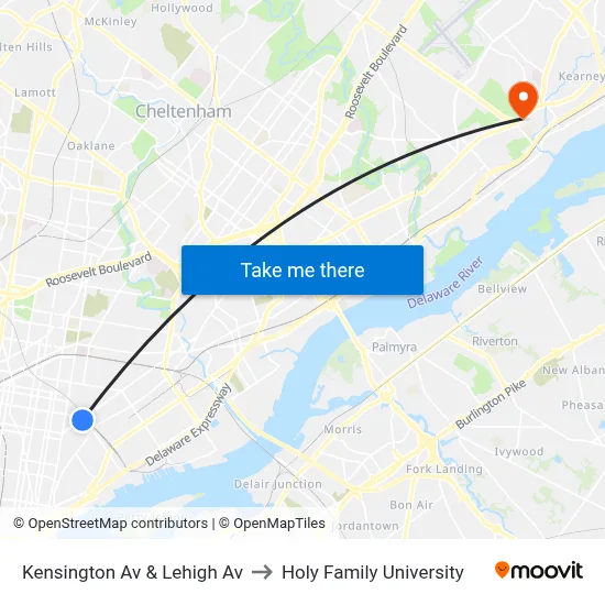 Kensington Av & Lehigh Av to Holy Family University map