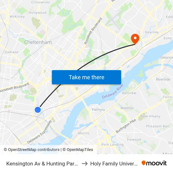 Kensington Av & Hunting Park Av to Holy Family University map