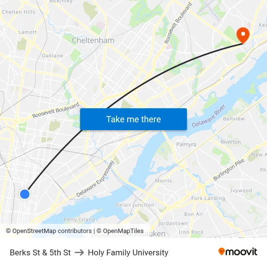 Berks St & 5th St to Holy Family University map